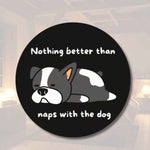 Sleeping Dog Lover Round Wood Sign - Front view with rustic background | Our Phoenix Rise