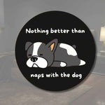 Sleeping Dog Lover Round Wood Sign - Angled perspective on solid background | Our Phoenix Rise