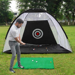 Portable Golf Practice Hitting Net Tent - Man practicing swing on grass with black net | Our Phoenix Rise