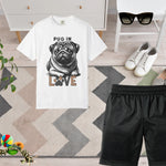 Pug in Love T-Shirt - White, flat lay with shorts and shoes | Our Phoenix Rise
