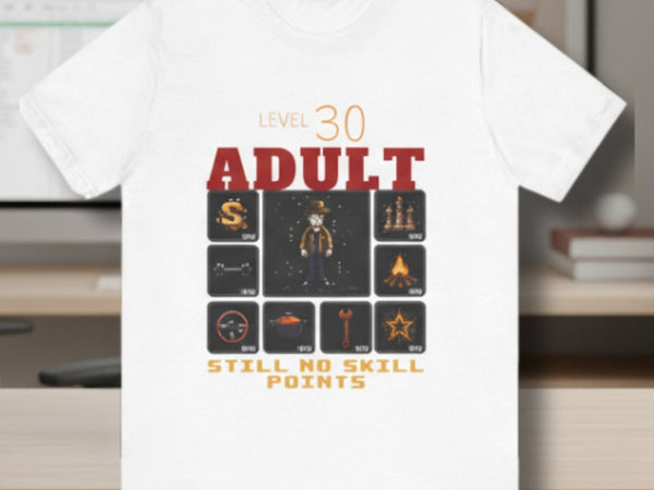 White t-shirt with graphic design and text on a blurred office background