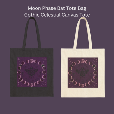 Moon Phase Bat Tote Bag | Gothic Celestial Canvas Tote