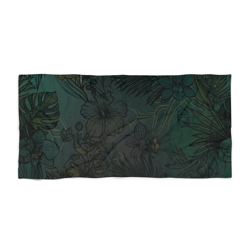 Tropical Floral Beach Towel — Dark Green Hibiscus Pattern