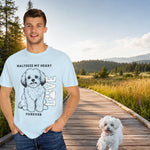 Maltese Dog Lover T-Shirt - Man wearing light blue tee with Maltese dog on boardwalk | Our Phoenix Rise