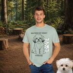 Maltese Dog Lover T-Shirt - Woman wearing white tee with Maltese dog on bench | Our Phoenix Rise