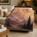 Mountain Landscape Woven Blanket | Scenic Sunset and Night Forest Throw