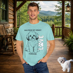 Maltese Dog Lover T-Shirt - Woman wearing white tee with Maltese dog in park | Our Phoenix Rise