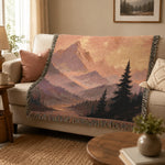 Mountain Landscape Woven Blanket | Scenic Sunset and Night Forest Throw