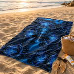 Personalized Blue Geometric Beach Towel - Laid Out on Sandy Beach | Our Phoenix Rise