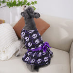 Halloween Tutu Dog Dress - Grey Dog Wearing Purple Skull Print with Bow | Our Phoenix Rise
