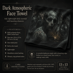 Dark atmospheric face towel featuring a haunting zombie-like skull design, shown on a dark textured background with product details, care instructions, and dimensions.