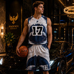 Custom Basketball Jersey and Shorts Set - Blue and white abstract wave design front view | Our Phoenix Rise
