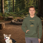 Corgi Love Graphic Hoodie - Military Green with Man and Corgi in Forest | Our Phoenix Rise