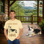Corgi Love Graphic T-Shirt - Man with Corgi in banana yellow tee | Our Phoenix Rise