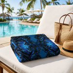 Personalized Blue Geometric Beach Towel - Hanging in Bathroom | Our Phoenix Rise