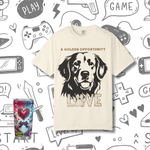 Golden Retriever Graphic T-Shirt - Ivory on male model, gaming background | Our Phoenix Rise