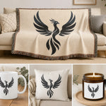 Phoenix Silhouette Woven Blanket - draped on a sofa with pillows, wide shot | Our Phoenix Rise