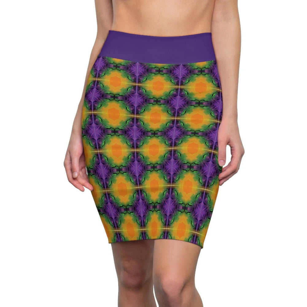 Purple and Yellow Women's Pencil Skirt, Relaxed Vibe Summer Fashion, Casual Office Wear, Stretchy Bodycon Skirt, Comfy Work Attire, Fun