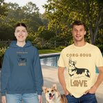 Corgi Love Graphic T-Shirt - Woman with Corgi in bay blue tee | Our Phoenix Rise