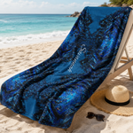 Personalized Blue Geometric Beach Towel - Folded on Shelf | Our Phoenix Rise