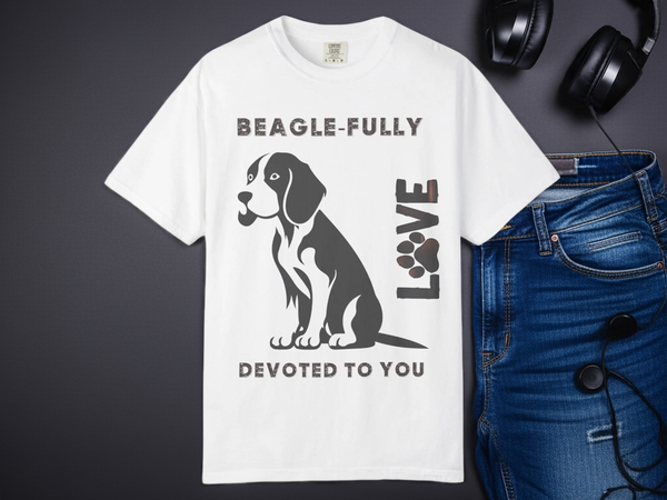 Close-up of the beagle design on the t-shirt
