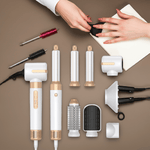 7-in-1 Professional Hair Dryer Brush with multiple attachments for volumizing, curling, and styling. Features brushless motor and heat settings.