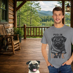 Pug in Love T-Shirt - Grey, man with pug on cabin porch | Our Phoenix Rise