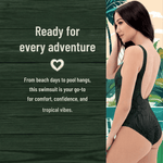 Dark Green Botanical One Piece Swimsuit - Front View Flat Lay | Our Phoenix Rise
