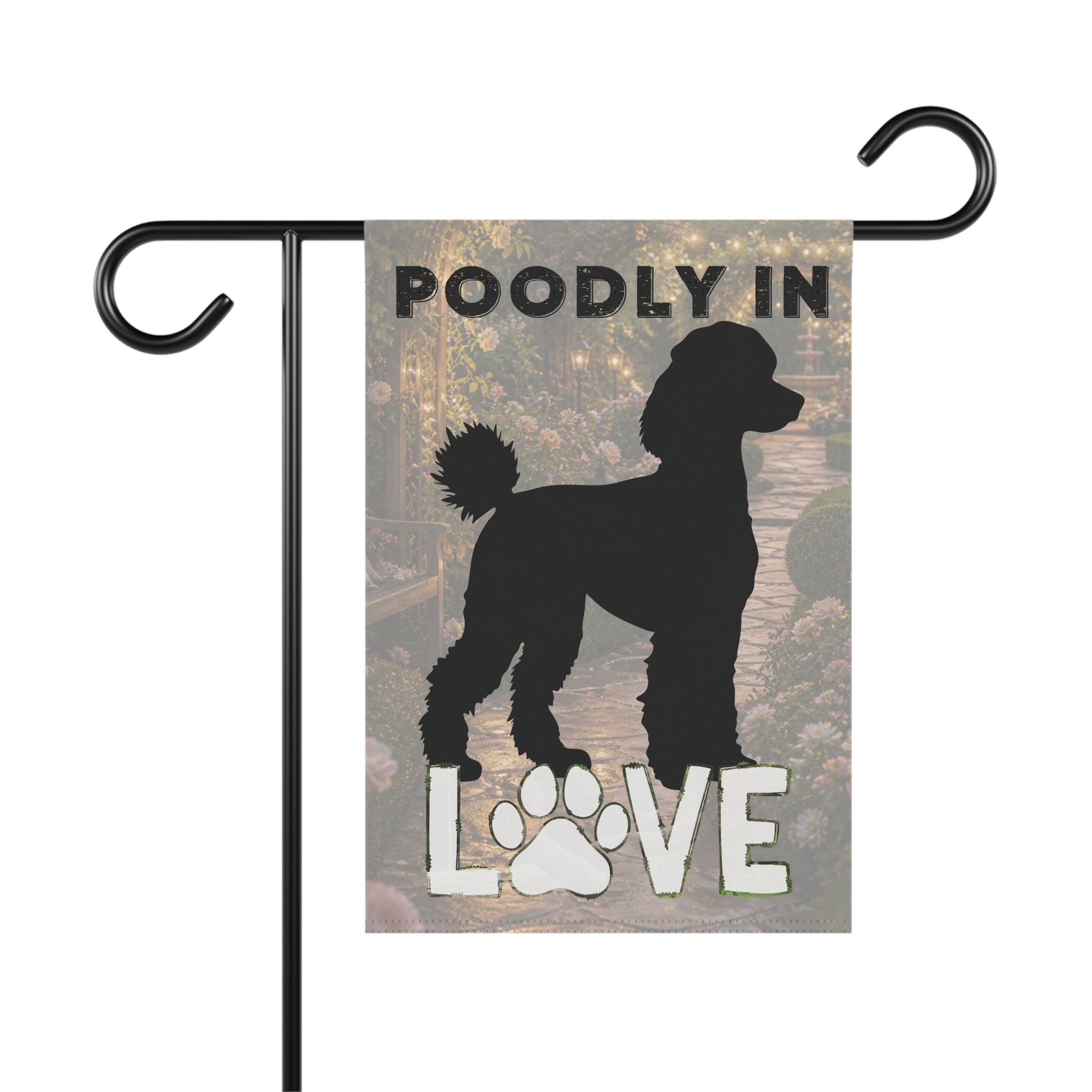 Poodle Silhouette LOVE Garden Flag | House Banner, Paw Print Decor