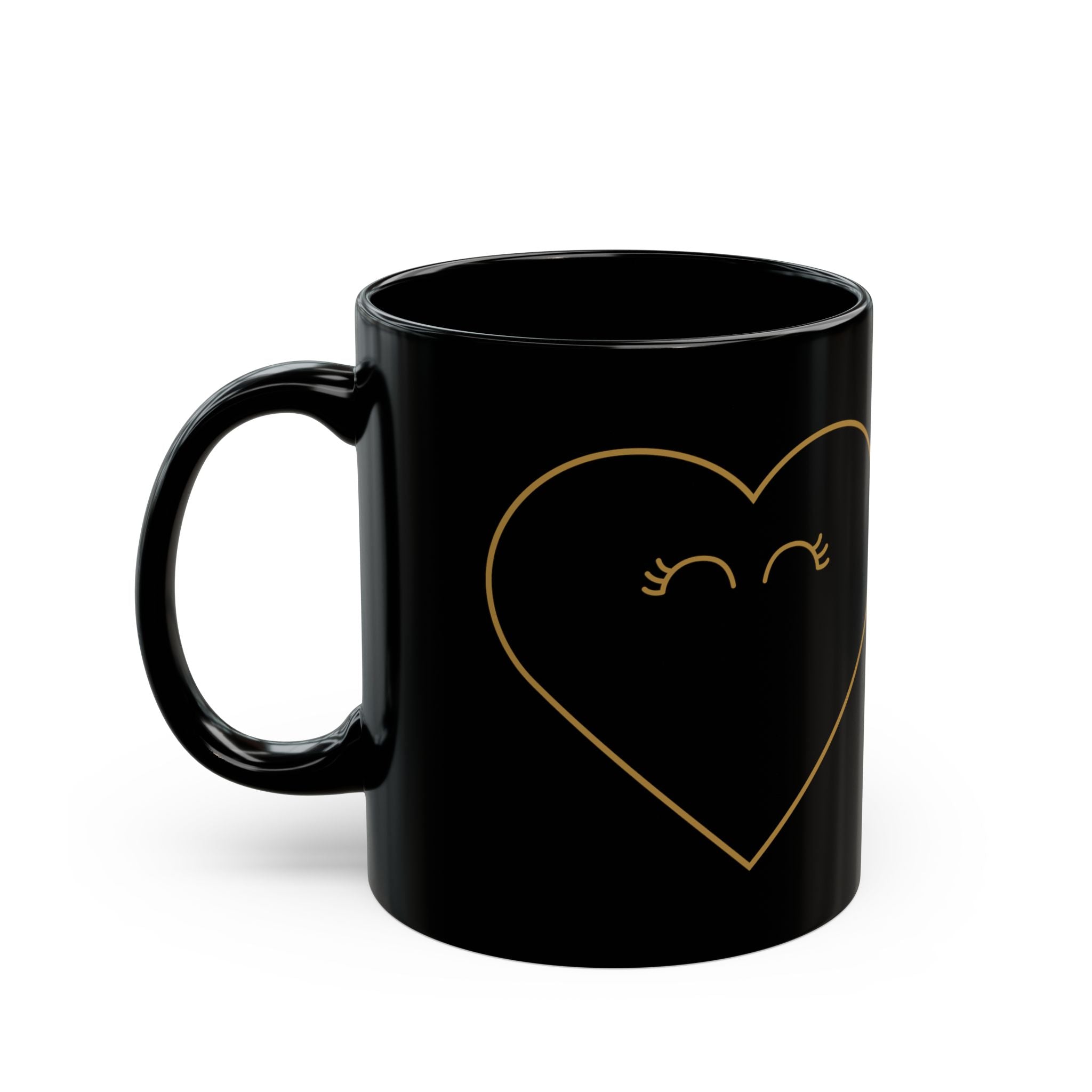 Gold Heart Face Black Mug | Cute Heart Illustration Mug