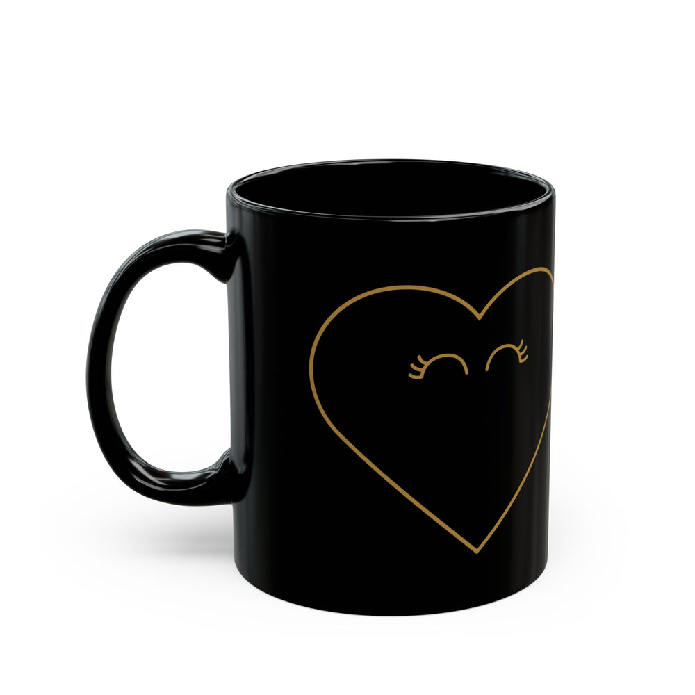 Gold Heart Face Black Mug | Cute Heart Illustration Mug