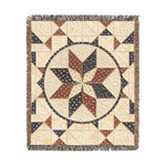 Woven fabric throw blanket tan navy brown star pattern top view | Our Phoenix Rise