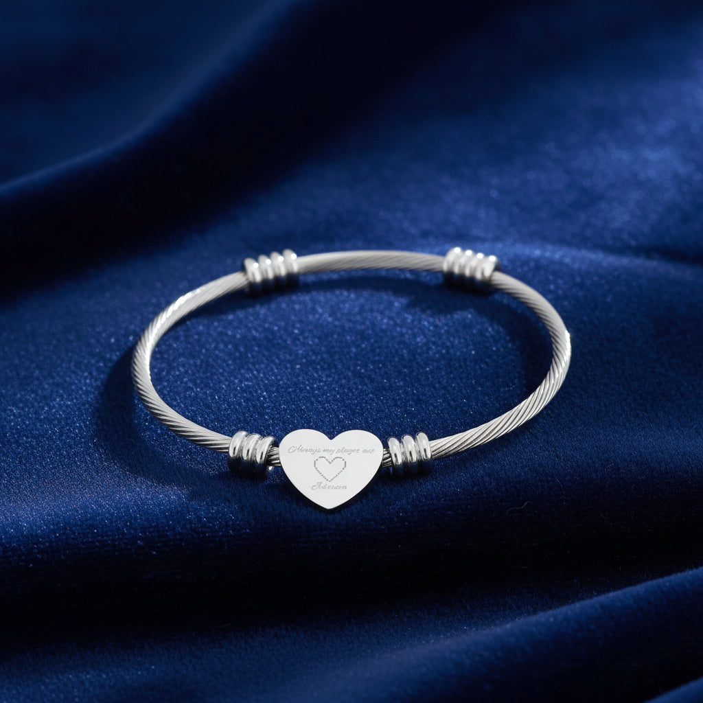 Engravable Heart Cable Cuff Bracelet — Personalized Silver Heart Bangle