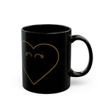 Gold Heart Face Black Mug | Cute Heart Illustration Mug