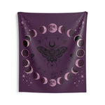 Moon Phase Tapestry — Purple Moth & Lunar Cycle Wall Hanging