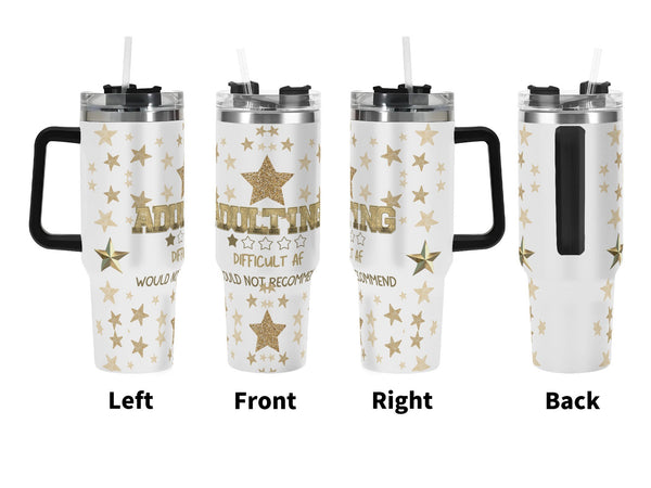 White tumbler with gold stars and text on a white background