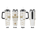 White tumbler with gold stars and text on a white background