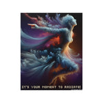 Artistic depiction of a person with colorful, swirling hair and text 'It's your moment to radiate!' on a dark background.