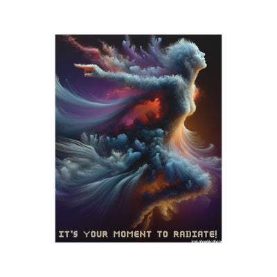 Artistic depiction of a person with colorful, swirling hair and text 'It's your moment to radiate!' on a dark background.