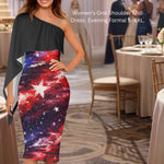 A woman models a one-shoulder midi dress with a black draped shoulder panel and a fitted skirt featuring a red, blue, and white galaxy star pattern. The background shows a blurred event hall with tables and chairs.