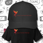 Black cap and t-shirt set with red phoenix design and text on a white background with black line art.