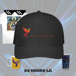 Black cap with phoenix design and text, mug with phoenix, can with text on a gray background