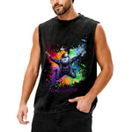 Black sleeveless shirt with colorful graphic design of a person skydiving and the text 'Skydiving' worn by a person.