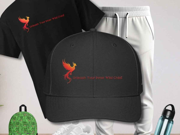 Black t-shirt, black cap, white pants, green backpack, white sneakers, and blue water bottle on a light gray background.