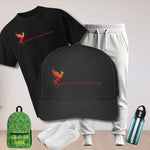 Black t-shirt, black cap, white pants, green backpack, white sneakers, and blue water bottle on a light gray background.