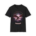Black t-shirt with a patriotic graphic and text on a white background