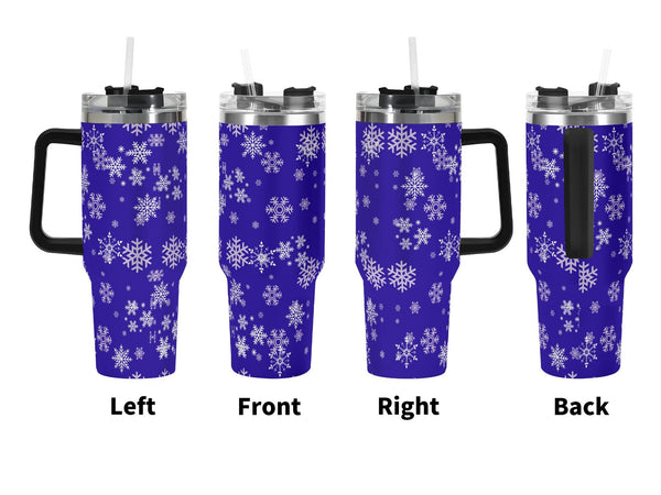 Blue Snowflake 40oz Tumbler with snowflake pattern from different angles on a white background