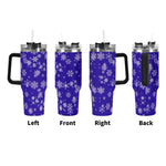 Blue Snowflake 40oz Tumbler with snowflake pattern from different angles on a white background