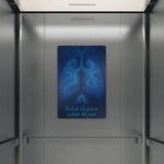 Blue motivational poster on a metallic wall with 'Inhale the future, exhale the past' text.