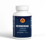 Bottle of Berberine capsules with a blue label on a white background